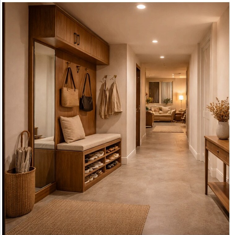 Full foyer unit with bench, mirror and overhead storage