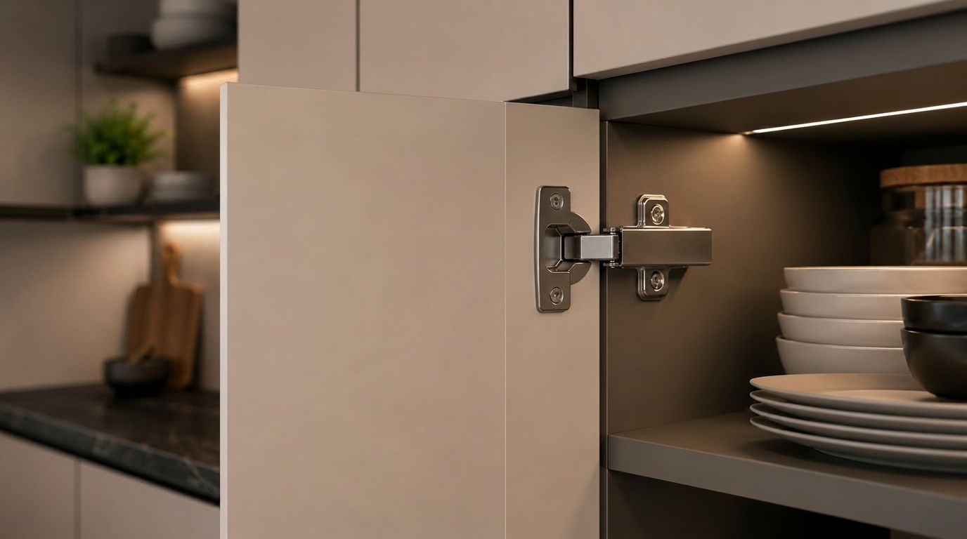 Close-up of a concealed soft-close cabinet hinge installed on an open kitchen door