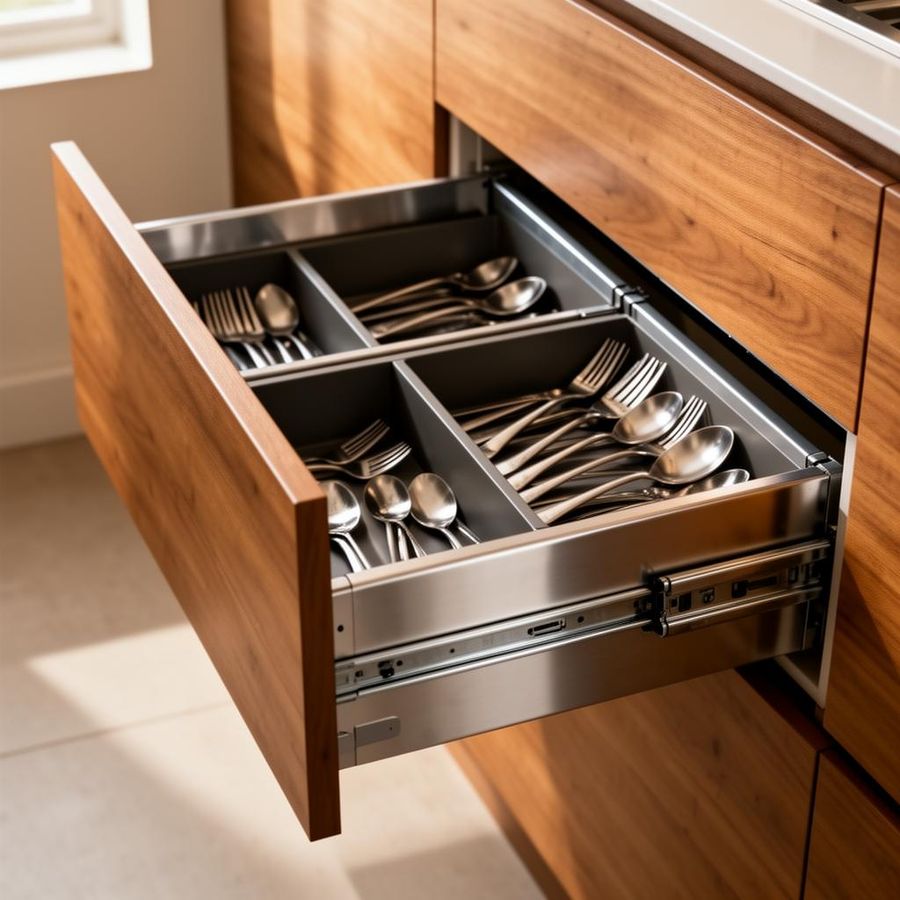 Kitchen drawer fully extended showing a steel-sided box system with cutlery organisers