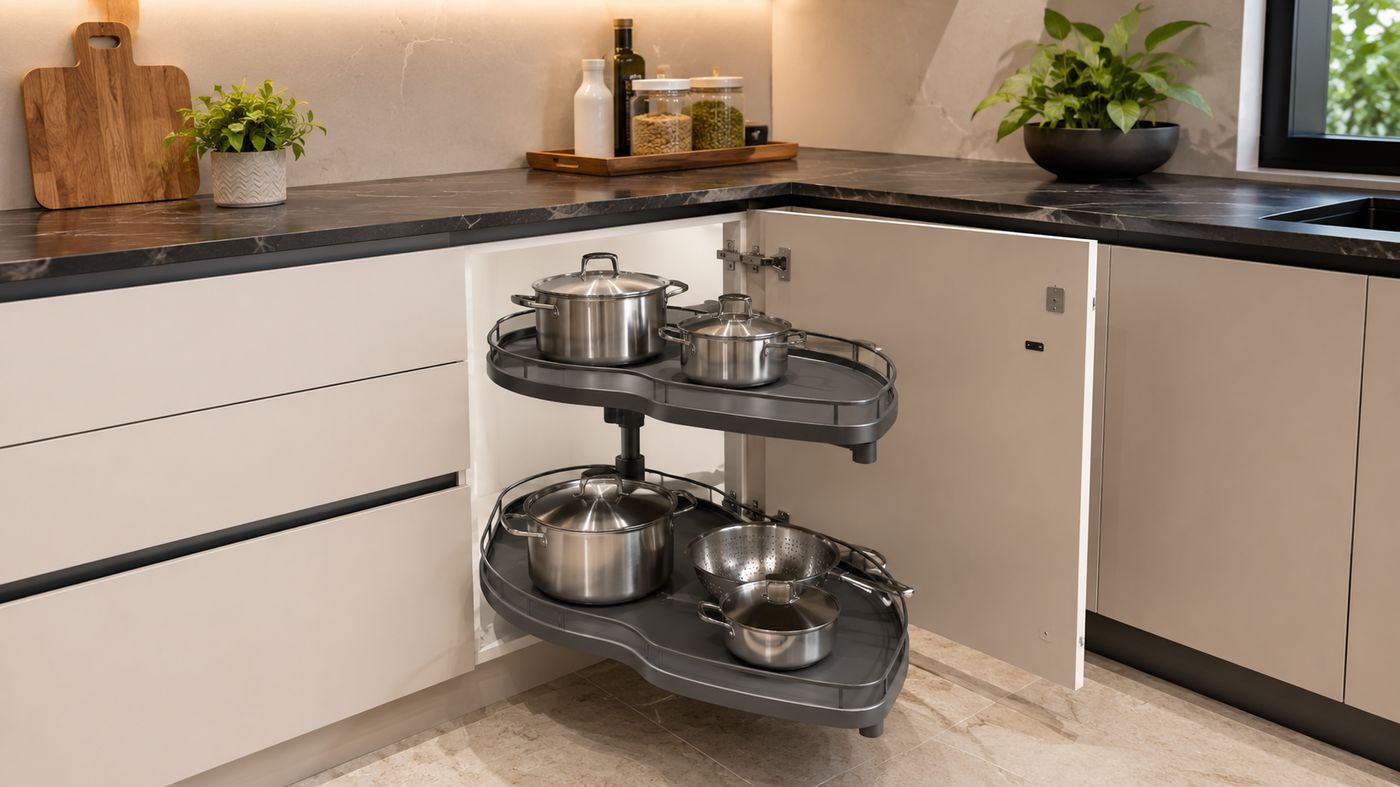 Magic corner mechanism with chrome wire baskets swung out of a kitchen corner cabinet
