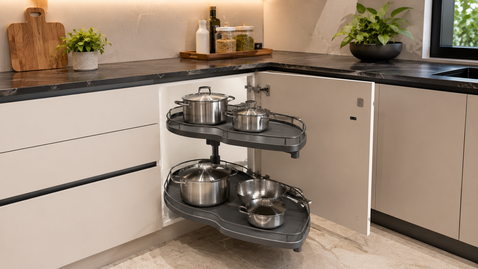 Magic corner mechanism with chrome wire baskets swung out of a kitchen corner cabinet