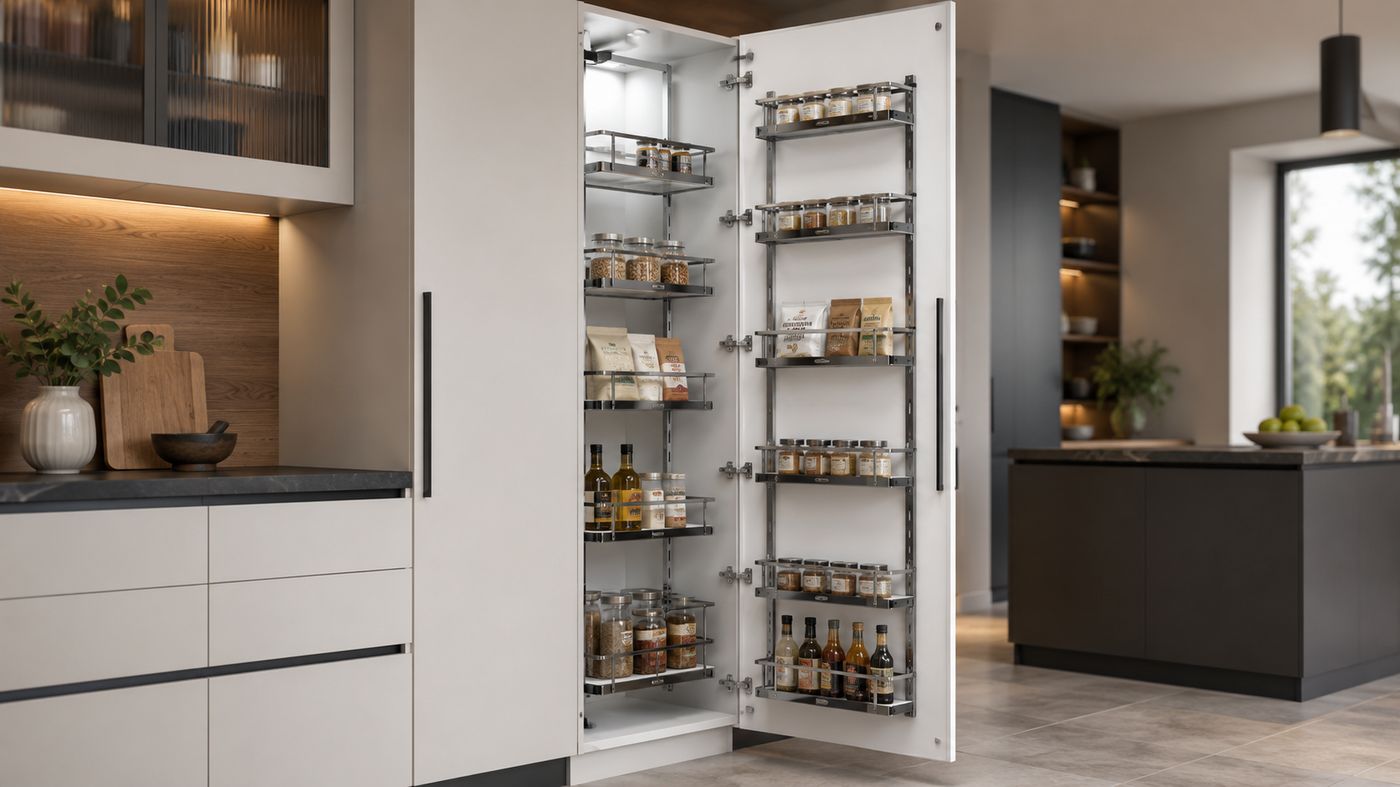 Tall pantry pull-out unit fully extended with five stacked wire baskets of groceries