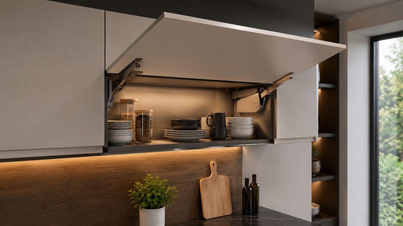 Overhead wall cabinet with a lift-up door raised open, gas struts visible, above a hob