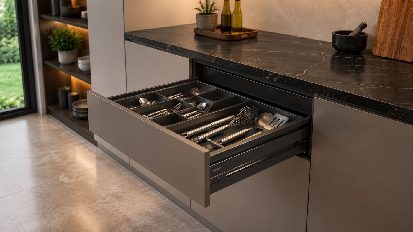 Stainless-steel bottle pull-out and cutlery organiser inside an open kitchen drawer