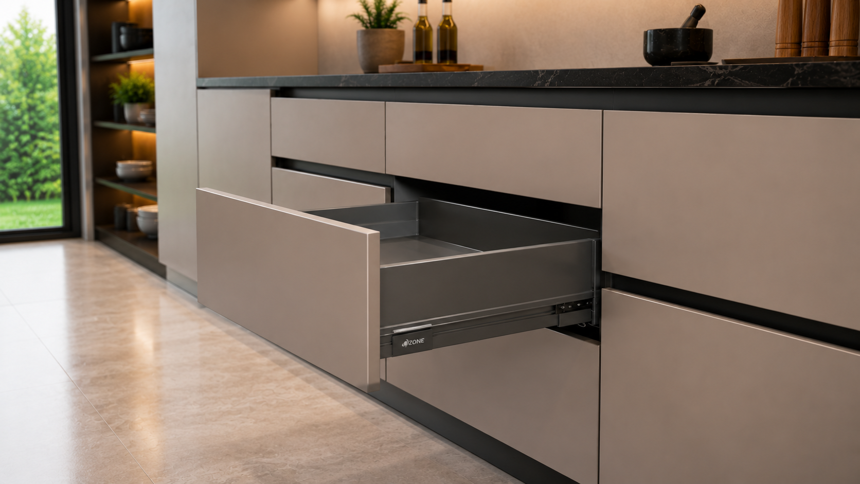 Handleless kitchen drawer with a recessed grip pulled open below a black stone worktop