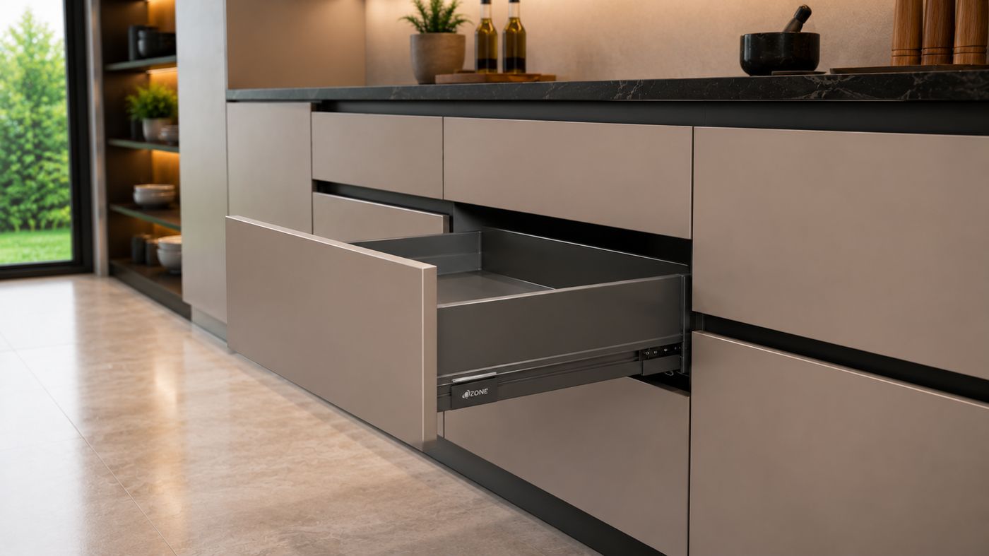 Handleless kitchen drawer with a recessed grip pulled open below a black stone worktop