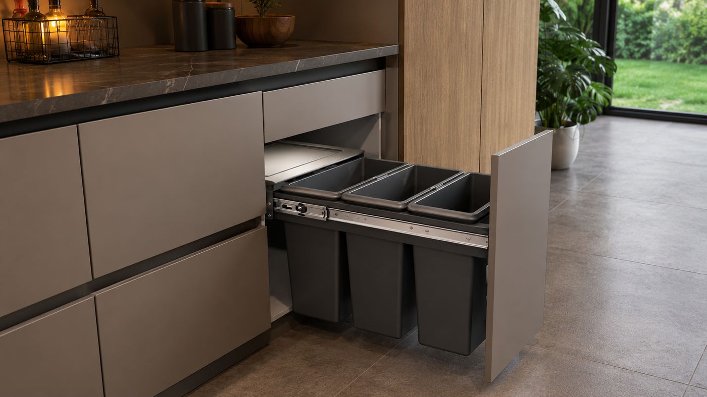 Twin pull-out waste bins for wet and dry waste mounted under a kitchen sink cabinet