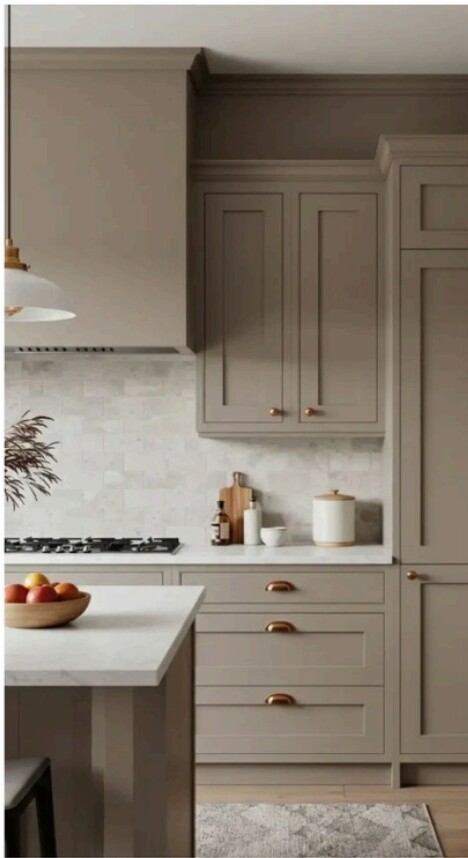 Cashmere island kitchen with marble backsplash — Ghaziabad project