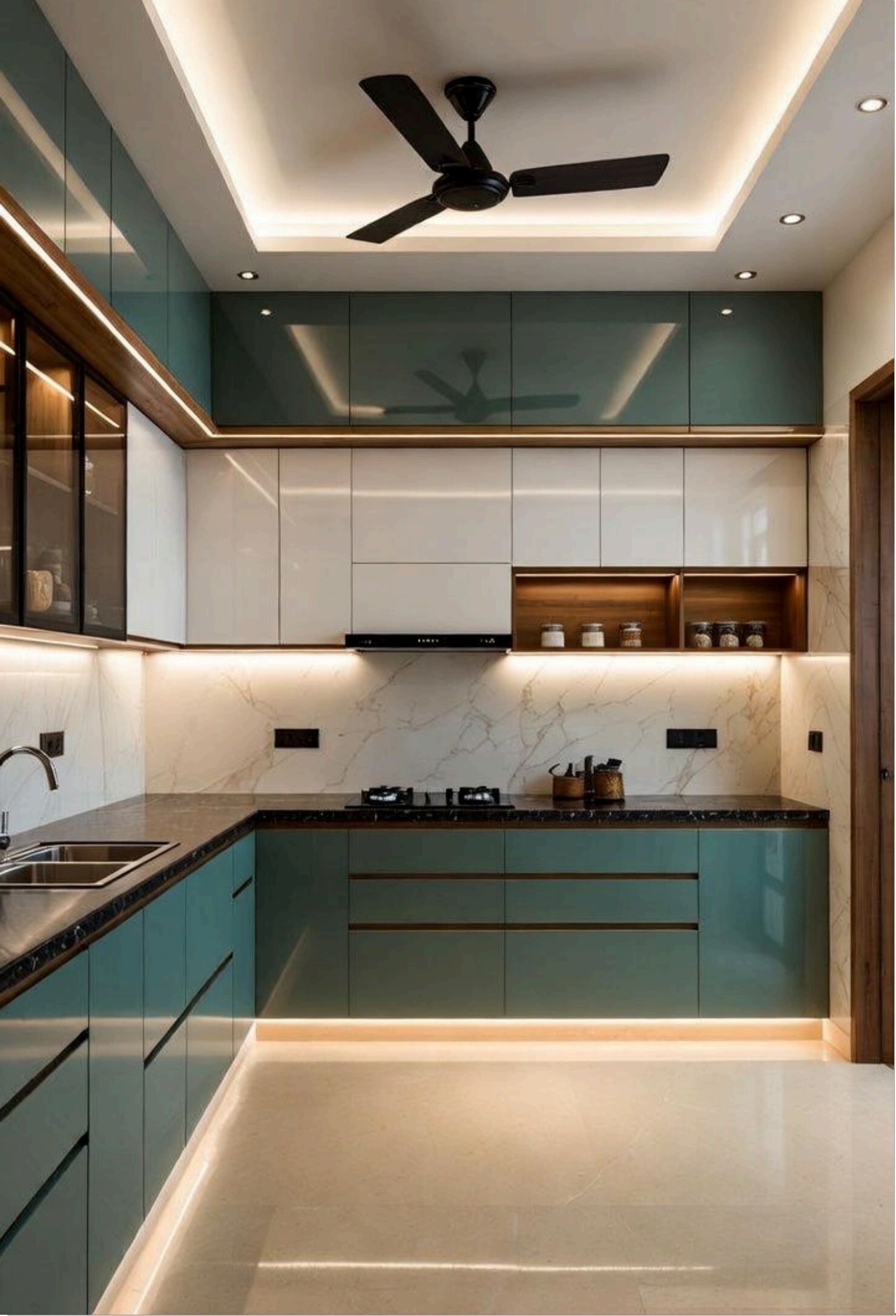 Teal L-shape kitchen with under-cabinet LED — Indirapuram