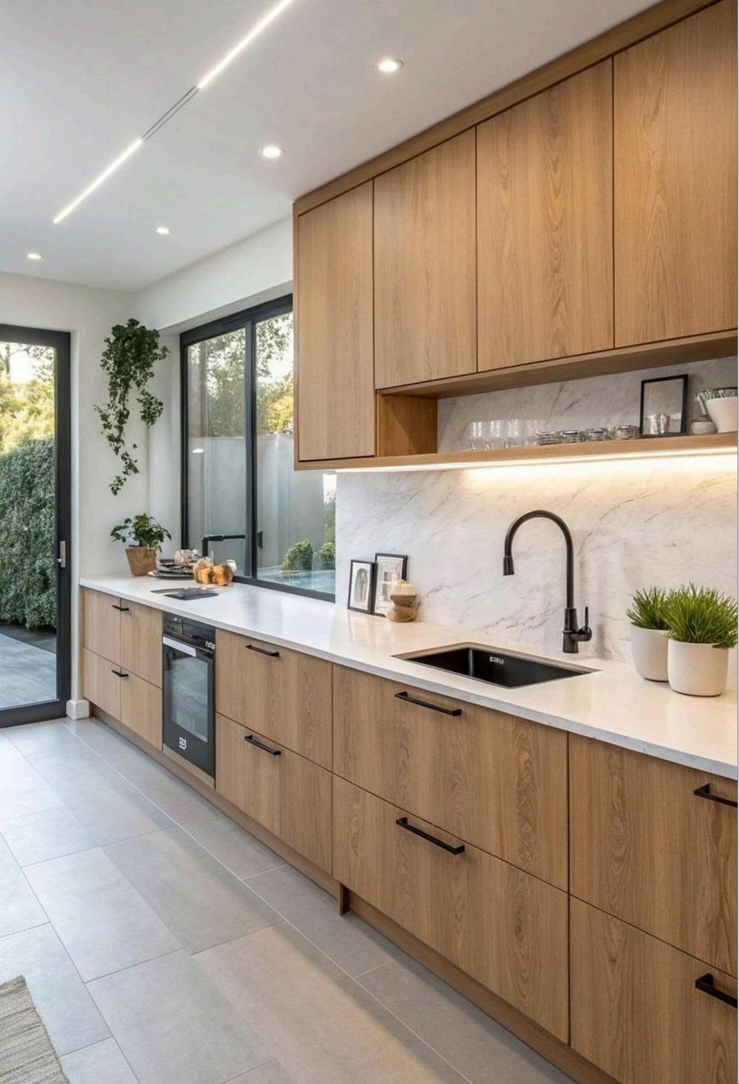 Straight kitchen with warm wood cabinetry and quartz island