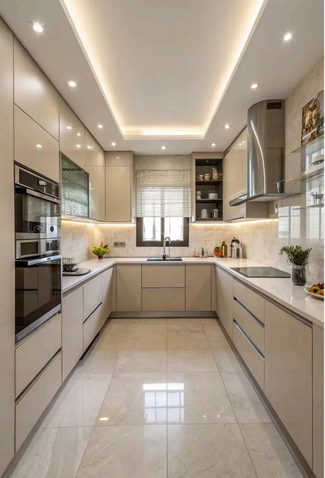 U-shape modular kitchen with marble backsplash