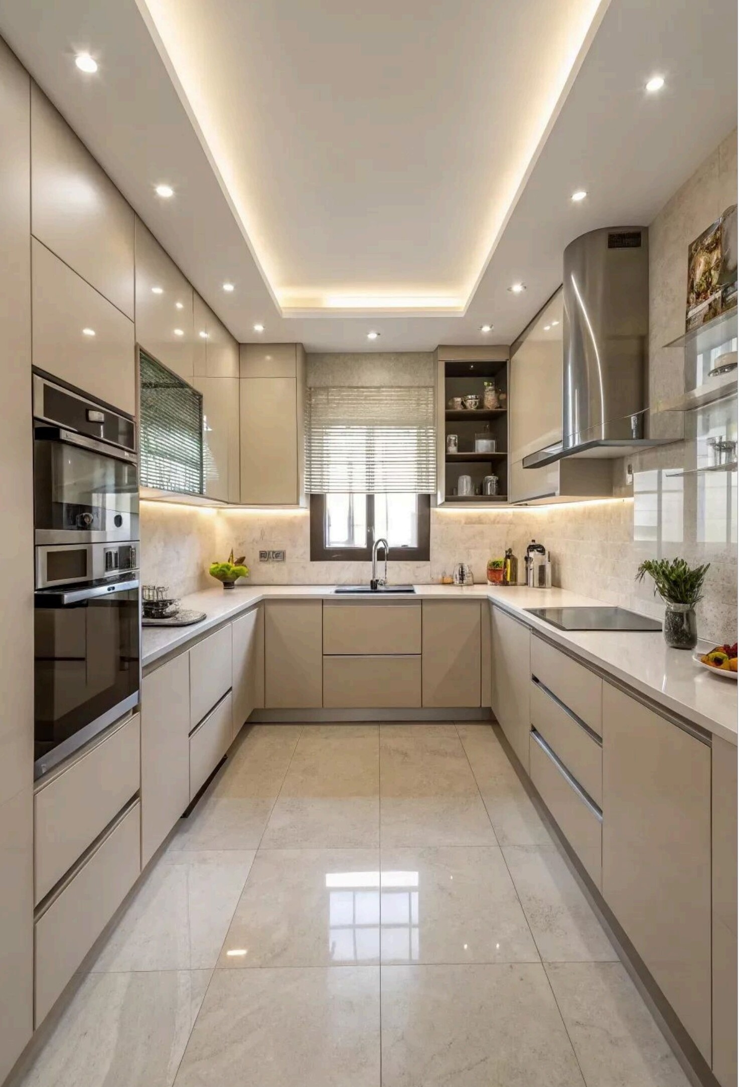 U-shape modular kitchen with marble backsplash