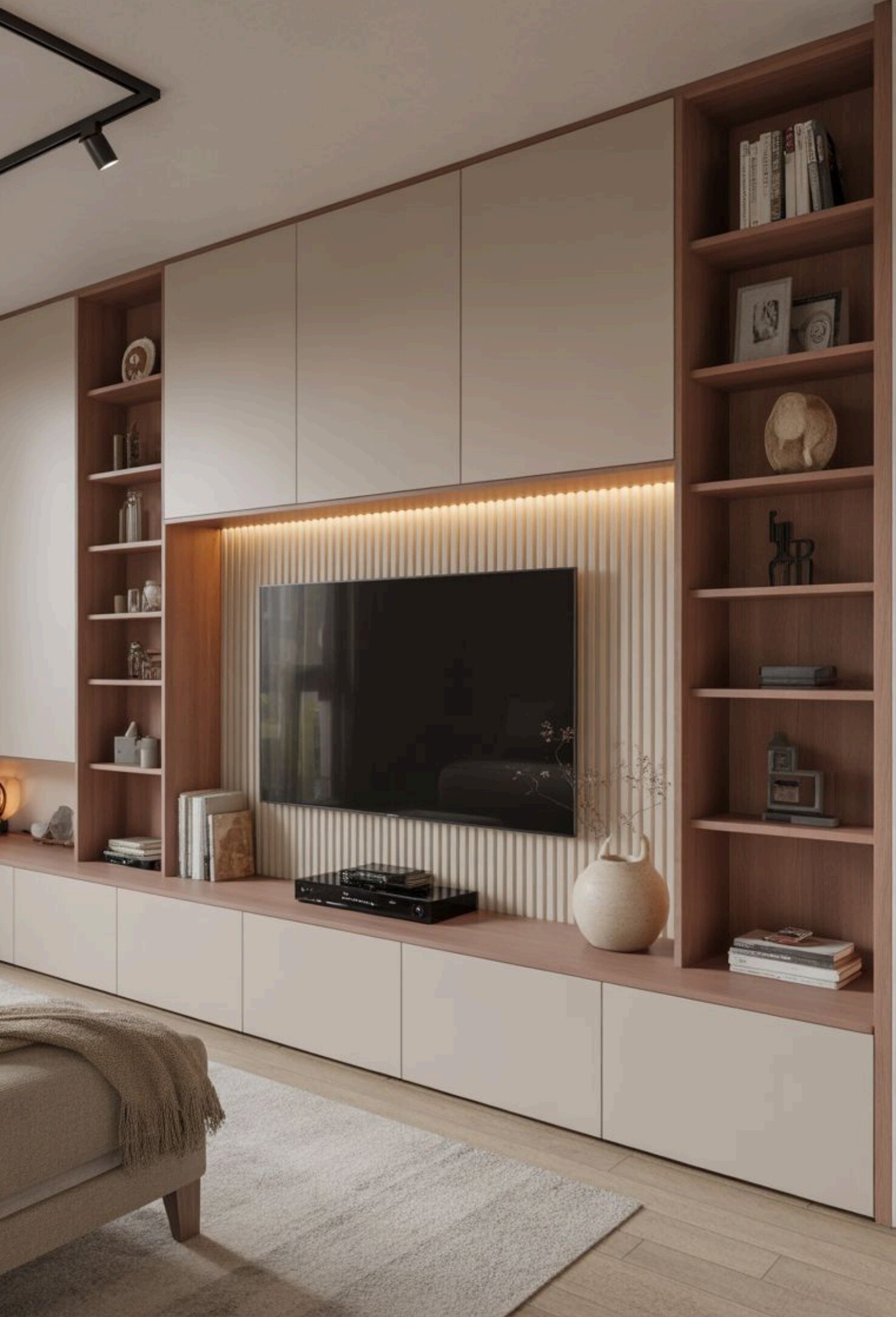 Full-wall TV panel with display niches and fluted detail